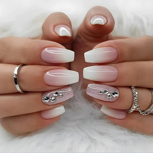 WAFOLOZE Ombre Pink Press on Nails Medium Fake Nails Glossy False Nails with Rhinestones Designs Glitter Powder Glue on Nails Artificial Acrylic Nails Stick on Nails for Women Girls 24Pcs